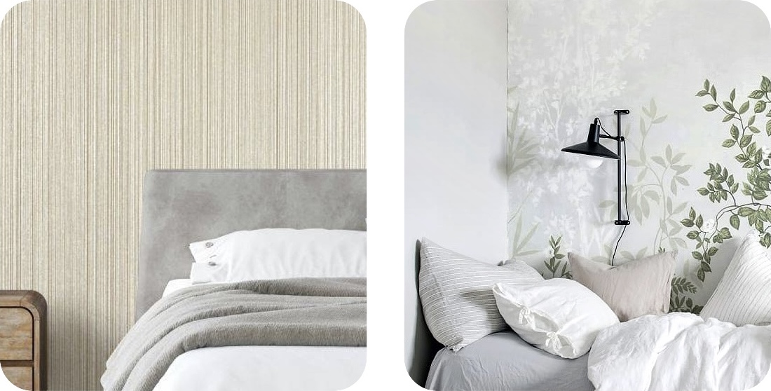 textured beige striped wallpaper and white botanical-print wallpaper